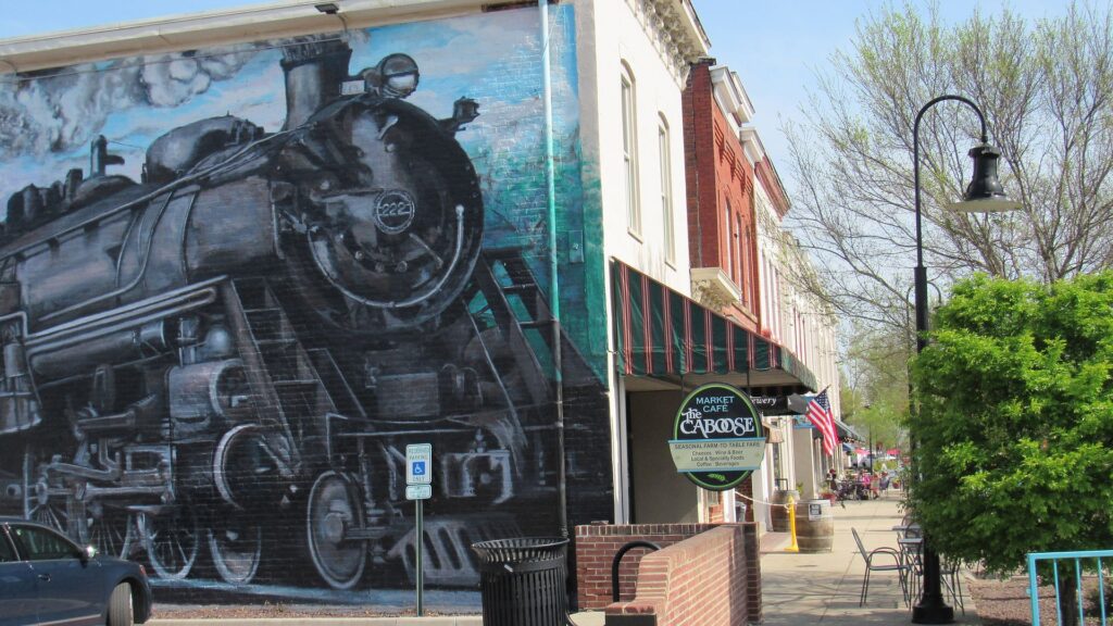 Train mural on the side of a building